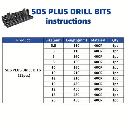 11-tlg. SDS PULS Bohrhammer-Bit-Set, SDS Plus Beton-Mauerwerk-Bohrer für Beton, Stein, Ziegel, mit tragbarem Aufbewahrungskoffer 110mm/160mm/210mm/450mm langer Bohrer