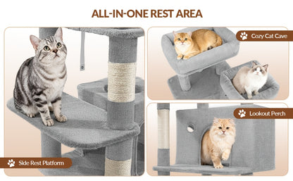 Fobyfurny Katzenbaum Turm, 178cm Kratzbaum für Katzen im Haus, Mehrstöckiger Katzenkletterbaum mit Kratzstämmen, Kratzbrett, 2 bequeme Futterställe, 2 Sitzplätze, Pompoms, Ruheplatz