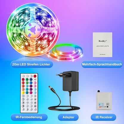 10M/15M/20M/30M Smart LED Streifen Lichter mit 44-Tasten Fernbedienung, RGB Musik Sync Farbwechsel, 20 statische Farben, Mehrere einstellbare Modi, Selbstklebende Streifen Licht, Wohnmobil Dekorationslicht Einstellbare Helligkeit, für Gaming Räume