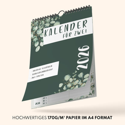 Planer für Zwei (Wandkalender 2026 mit 2 Spalten im A4 Format) - Partnerkalender für Paar - Paarkalender mit zwei Spalten - Kalender zum Aufhängen für zwei Personen (ganzes Jahr)