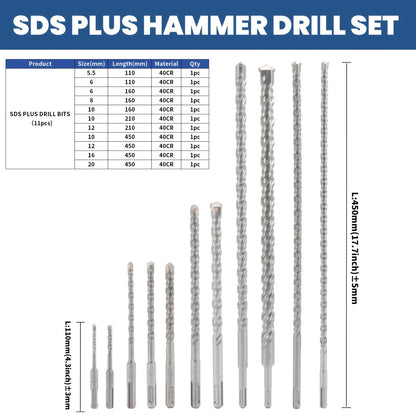 11-tlg. SDS PULS Bohrhammer-Bit-Set, SDS Plus Beton-Mauerwerk-Bohrer für Beton, Stein, Ziegel, mit tragbarem Aufbewahrungskoffer 110mm/160mm/210mm/450mm langer Bohrer