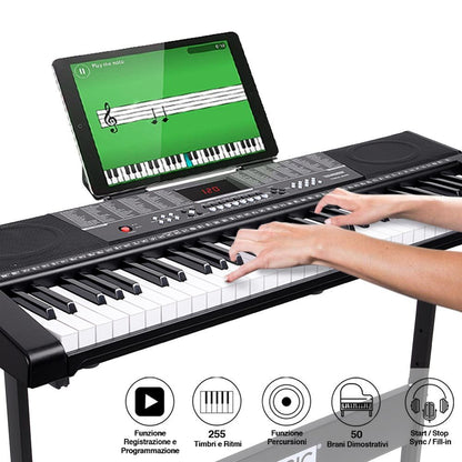 BAKAJI Elektronisches E-Piano-Keyboard, 61-tastiges multifunktionales Digitalpiano mit Hocker-Ständer, Kopfhörern, 255 Rhythmen, USB/AUX-Eingang und Notenständer