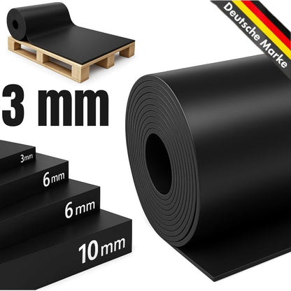 SBR gummimatte - schwarze glatte gummiplatte als meterware - rutschfeste boden- & bautenschutzmatte für industrie und gewerbe - 9 stärken von 1 bis 12 mm