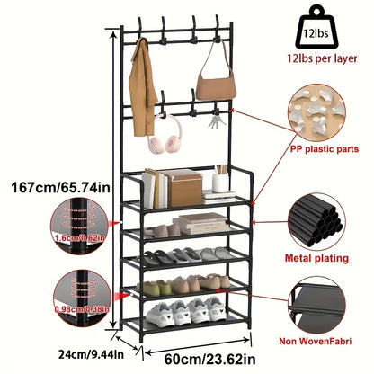 Schuhregal-Aufbewahrung – Platzsparender Garderobenständer, 5-stufiges Schuhregal mit 8 Haken, stabile goldene Metall-/Kunststoff-Struktur, freistehendes oder wandmontiertes Design für Zuhause, Büro  Geschäft – Geeignet zur Aufbewahrung von Schuhen, Mänte