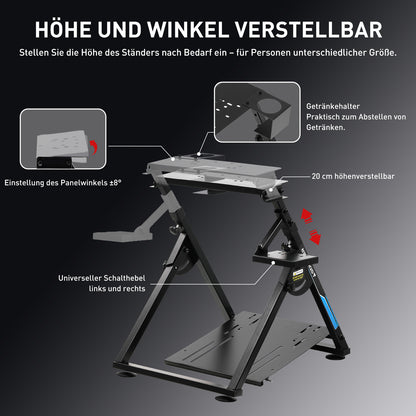 Lenkradständer für Lenkrad Gaming Wheel Stand Racing Lenkradständer mit V1 V2 Schalthebelhalterung, integriertem Getränkehalter, neigungsverstellbarem Gestell