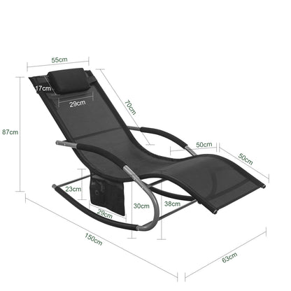 1 Stück Sonnenliege Gartenliege Relaxliege Schaukelliege Liegestuhl Outdoor mit Kopfkissen Ergonomische Liegefläche Wetterbeständiges Gewebe Metallgestell Seitentasche Bis 150 kg Terrasse Balkon Garten Camping 150x87x63cm