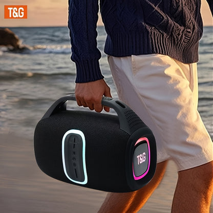 T&G Tragbarer kabelloser Lautsprecher – 24W HD-Sound mit bunten LED-Lichtern | 3600mAh Akku | IPX4 wasserfest | 10,06 Meter kabellose Reichweite | Freisprechanrufe | Mehrfachwiedergabe (TF-Karte/USB/Kabellos/AUX) | Perfekt für Outdoor, Reisen & Partys | K