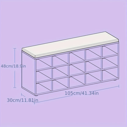 Schuhaufbewahrung, Schuhbank mit Sitzgelegenheit, gepolsterter Schuhschrank mit 15 offenen Fächern, Abmessungen 30 x 105 x 48 cm, geeignet für Flur, Schlafzimmer, Wohnzimmer oder Eingangsbereich