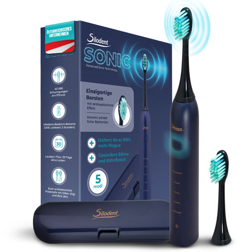 Silodent Schallzahnbürste Midnight Blue - Testsieger - Einzige elektrische Zahnbürste mit antiseptischen Borsten - Premium Zahnbürste, 5 Programme und Reiseetui - Top Qualität zum vernünftigen Preis