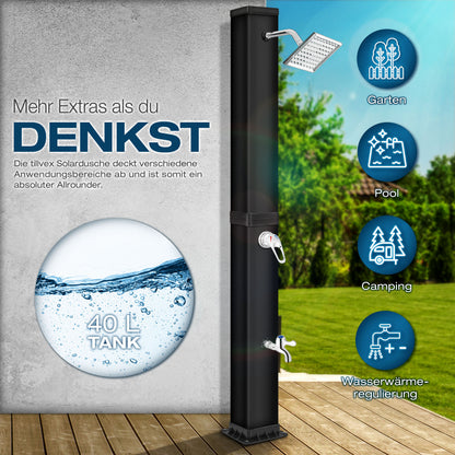 tillvex® Solardusche 20 - 60 Liter inkl. Abdeckung Solar Gartendusche Solar für draußen Pooldusche Komplettset warmes Wasser Camping ohne Stromanschluss mit Wasserhahn Gartenschlauch-Anschluss