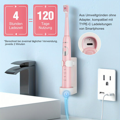 Sonic Elektrische Zahnbürste für Erwachsene mit intelligenten Modi & USB-aufladbar, Schallwellentechnologie geeignet für empfindliche Zähne & Zahnfleisch, weiche Borsten, 6 Bürstenköpfe, Reiseetui & Wandhalterung, geeignet für Reisen, Weihnachtsgeschenke
