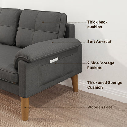 Kleine 2-Sitzer-Couch mit Armlehne  Seitentasche, 2-Sitzer-Sofa mit dicker Rückenlehne  verdicktem Schwamm, für Wohnzimmer/Schlafzimmer/Gästezimmer/Heimkino/Büro, 144 x 77 x 77 cm (Dunkelgrau/Hellgrau)