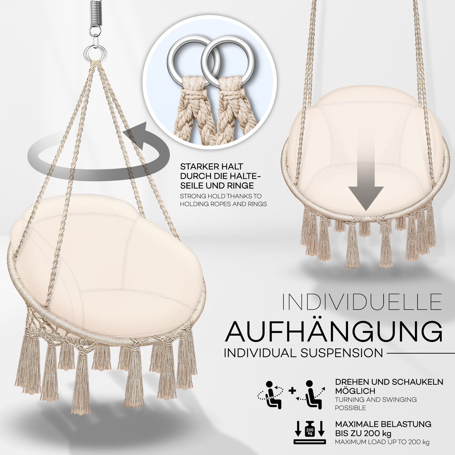 tillvex® Hängesessel Outdoor 200kg zum Aufhängen Hängestuhl XL Indoor mit Kissen Hängekorb wetterfest Schaukelkorb Hängeschaukel mit Kissen