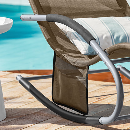 1 Stück Sonnenliege Gartenliege Relaxliege Schaukelliege Liegestuhl Outdoor mit Kopfkissen Ergonomische Liegefläche Wetterbeständiges Gewebe Metallgestell Seitentasche Bis 150 kg Terrasse Balkon Garten Camping 150x87x63cm