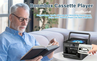CD-Kassettenspieler-Boombox mit 5000-mAh-Akku, tragbarer CD-Player, 5-W-Dual-Stereo-Lautsprechern, FM-Radio, Fernbedienung, Aufnahmefunktion, 3,5-mm-Kopfhöreranschluss – unterstützt AUX, TF-Karte und USB für Zuhause
