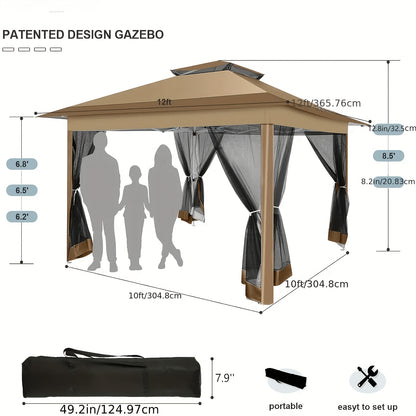 3,66x3,66 Meter Pop-Up Zelt, einfach aufzubauen, Outdoor Zelt UPF 50+, verbessertes automatisches Laubengartenshuttle, tragbares Gazebo mit Moskitonetz, doppelt belüftetes Dach und Tragetasche, geeignet für Garten, Terrasse