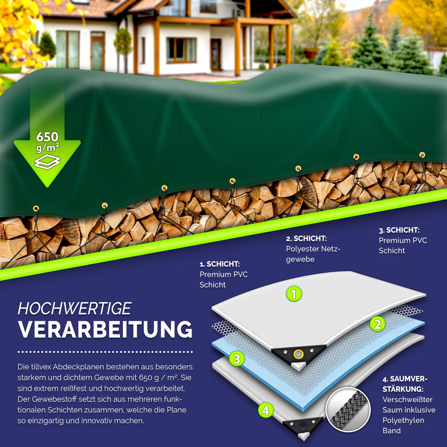 tillvex® Premium Abdeckplane 650g/m² Wasserdicht mit Ösen + 10x Spanngummi & 15m Seil | Gewebeplane Universell für Draußen, LKW, Pool, Holz Gartenmöbel | Premium PVC-Plane Reißfest | Gartenplane Abdeckung