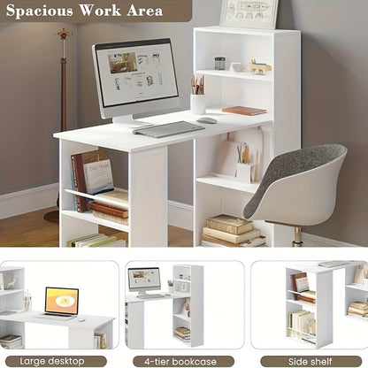 1 Stück 120 cm Computerschreibtisch, Familienschreibtisch mit Bücherregal, Ablagefach, Schreibtisch, Moderner Schreibtisch, Computertisch, Neigbar, Weiß, Heller Holzlook, 122 x 55 x 120 cm
