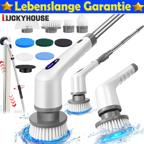 Upgrade 80W Akku-Wischbürste, Kabellose Reinigungsbürste, 10 austauschbare Reinigungsköpfe mit abnehmbarem Griff, 2 Geschwindigkeiten & 420 U/min Kabellose Duschbürste für Spüle, Badezimmer, Dusche, Badewanne, Fliesen, Küchengrills, Kochplatten, Toiletten