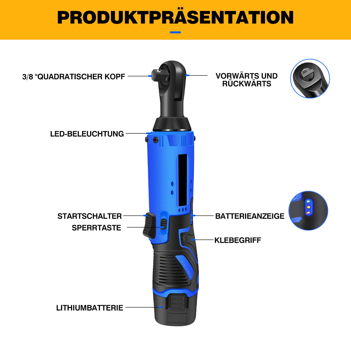 DayPlus 100N.M kabelloser Ratsche-Schlüsselsatz, 3/8" 300 U/min 12V Elektro-Ratsche mit 7 Stecknüssen, zwei 1500 mAh Li-Ion-Akkus, Ratschentool-Set mit Vorwärts-/Rückwärtsschalter, triggeraktivierter LED