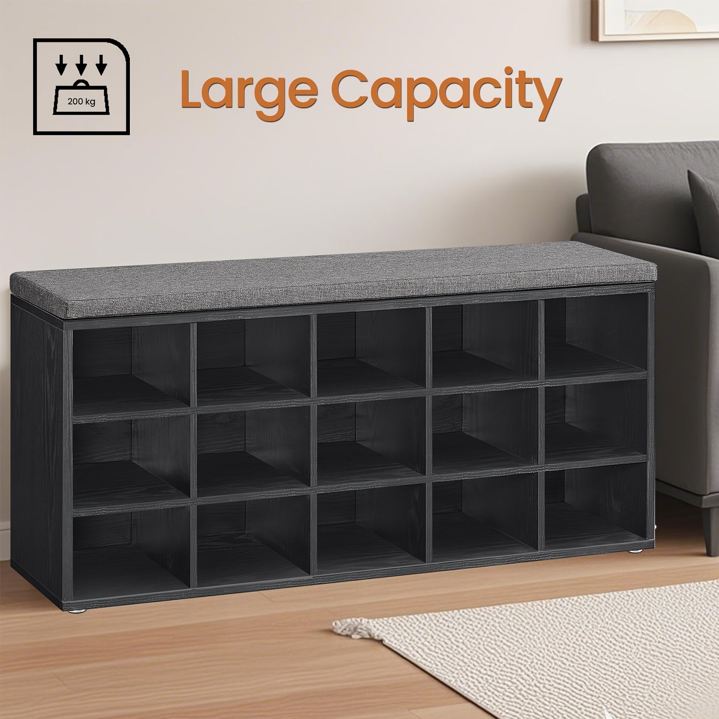 Schuhaufbewahrung, Schuhbank mit Sitzgelegenheit, gepolsterter Schuhschrank mit 15 offenen Fächern, Abmessungen 30 x 105 x 48 cm, geeignet für Flur, Schlafzimmer, Wohnzimmer oder Eingangsbereich