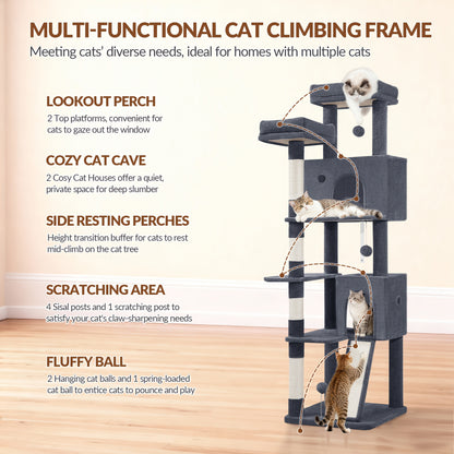 Fobyfurny Katzenbaum Turm, 178cm Kratzbaum für Katzen im Haus, Mehrstöckiger Katzenkletterbaum mit Kratzstämmen, Kratzbrett, 2 bequeme Futterställe, 2 Sitzplätze, Pompoms, Ruheplatz