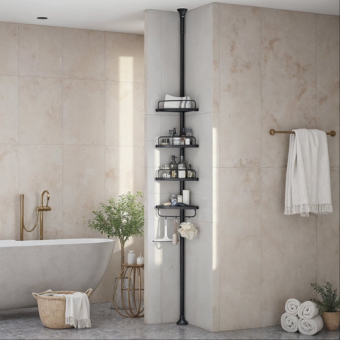 Duschregal, Eckregal Bad, mit 4 Ablagen, Badregal, Gesamthöhe 85-305 cm, höhenverstellbar, Badezimmer-Regal