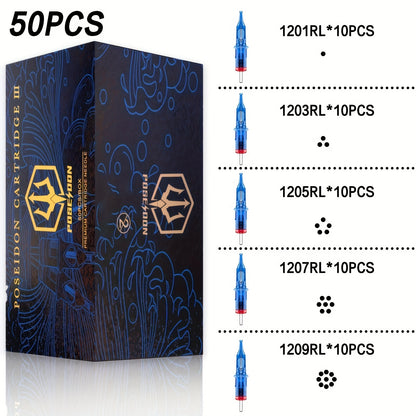 POSEIDON V3 Tattoo Cartridge Nadeln 50 Stück Gemischte Größe Sterile Nadeln mit Membran Sicherheits Cartridges - 1203Rl, 1205RL, 1207RL, 1209RL, 1207RM, 1209RM, 1205RS, 1207RS, 1209RS, 1207M1