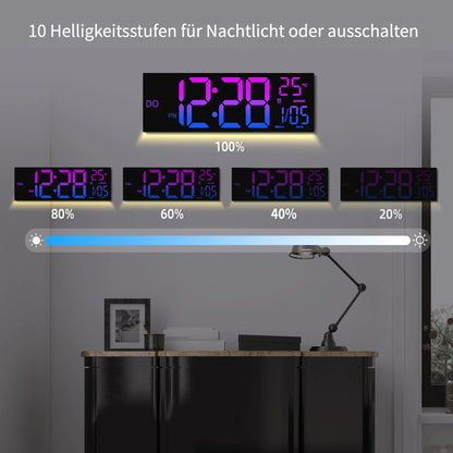 Große automatisch abblendende digitale Wanduhr mit Fernbedienung, 41,15 cm LED-Bildschirmanzeige, automatische Sommerzeit/Helligkeit, Timer, Doppelwecker, 8 RGB, Datum, Temperatur, Uhr für Wohnzimmer, Schlafzimmer, Fitnessstudio, Lager, Büro, Heimdekor, M