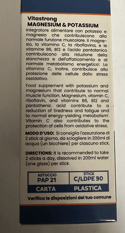 Vitastrong Magnesium und Kalium Formel 10-in-1, Kalium- und Magnesium-Integrator Multivitamin-Sticks 24 mit Vitamin C und B-Vitaminen, ohne Saccharose, Gluten, Orangen-Geschmack