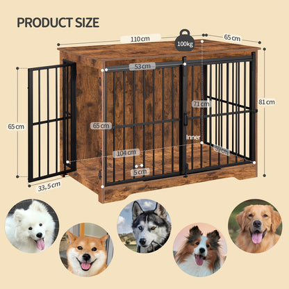 Hundebox Möbel, 110 cm Hundebox, 2 Türen, Moderne Indoor-Hundebox, Geeignet für kleine/mittelgroße/große Hunde bis zu 100 kg, Beistelltisch, Verstärkte Schiebetüren, 65 × 110 × 81 cm, Vintage