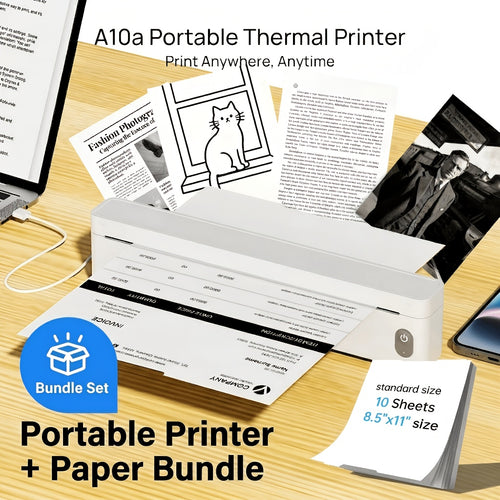 A10A Kabelloser Thermodrucker, 1800mAh Akku, Kompakter Mobile Drucker für Reisen, Büro, Zuhause, Inklusive 10 Blatt Thermopapier. Unterstützt Smartphones und Computer