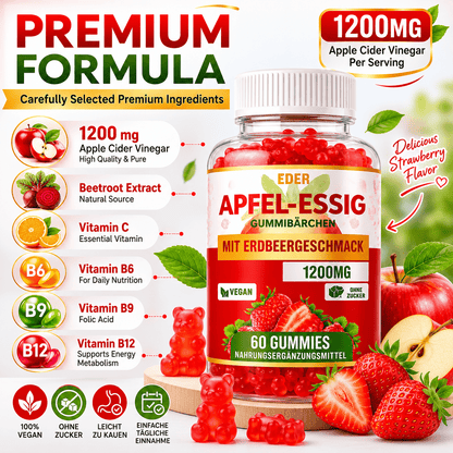 Apfelessig-Gummibärchen 1200 mg, Erdbeergeschmack, mit Vitamin C, Vitamin B6, Vitamin B9 & Vitamin B12, Rote-Bete-Extrakt, 60 vegane Gummibärchen, pflanzliches kaubares Tagespräparat für Männer & Frauen