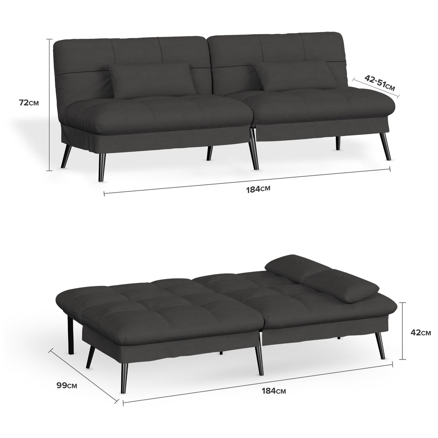 Sofa Schlafsofa mit Schlaffunktion, überzug Futon Klappsofa, Bettcouch, ecksofa, Couch Gästebett, 3-Sitzer Sofa, mit verstellbare Rückenlehne aus Stoff