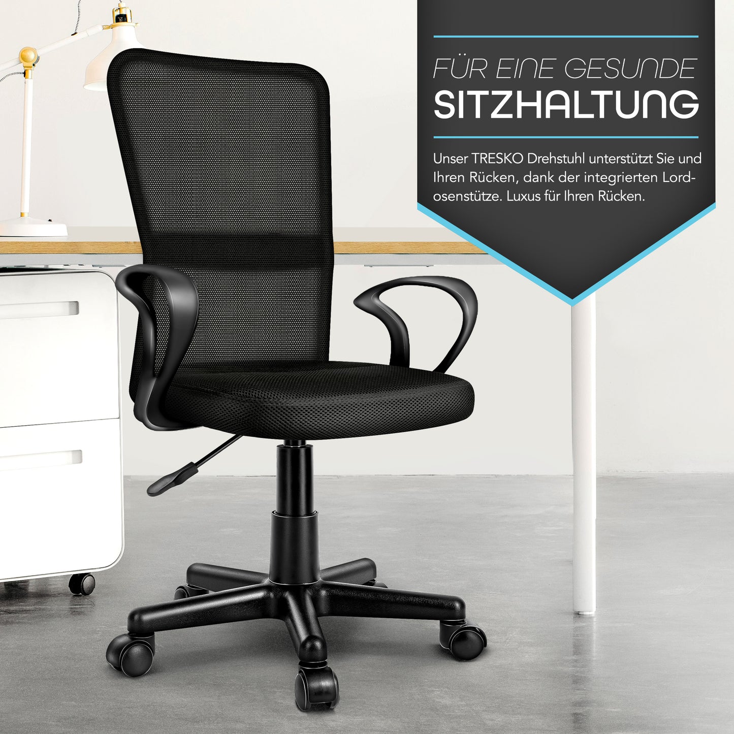 TRESKO® Bürostuhl mit Armlehnen stufenlos höhenverstellbar | Drehstuhl aus atmungsaktivem Mesh | Schreibtischstuhl mit Kunststoff-Leichtlaufrollen, gepolsterte Sitzfläche, ergonomische Passform | Computerstuhl ideal für Home-Office, Jugendzimmer, Büro