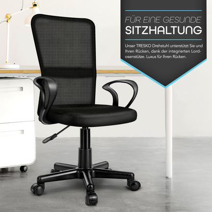 TRESKO® Bürostuhl mit Armlehnen stufenlos höhenverstellbar | Drehstuhl aus atmungsaktivem Mesh | Schreibtischstuhl mit Kunststoff-Leichtlaufrollen, gepolsterte Sitzfläche, ergonomische Passform | Computerstuhl ideal für Home-Office, Jugendzimmer, Büro
