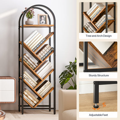 8-Etagen offenes Regal, baumförmiges Regal, gewölbte Oberseite, verstellbare Füße  Kippsicherheits-Design, geeignet für Wohnzimmer, Büro, Arbeitszimmer, Landhausbraun  Schwarz