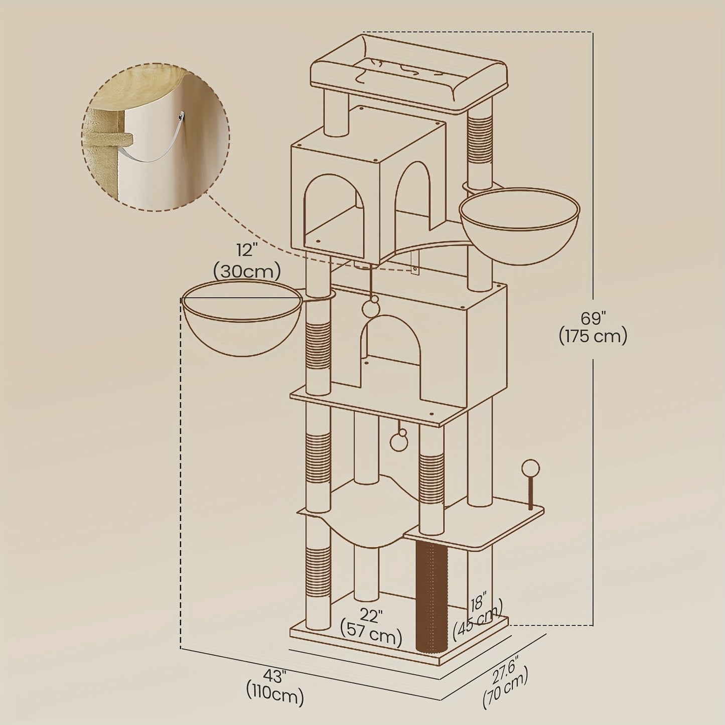 Multi-Level Katzenbaum mit 2 Höhlen, 5 Kratzpfosten, Selbstbürstung & Plüsch-Aufsitzplätzen – Robuste Katzennest für Indoor-Klettern, Kratzen und Spielen