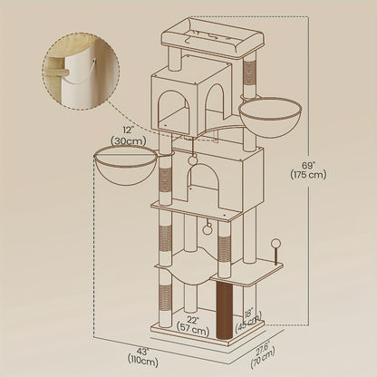Multi-Level Katzenbaum mit 2 Höhlen, 5 Kratzpfosten, Selbstbürstung & Plüsch-Aufsitzplätzen – Robuste Katzennest für Indoor-Klettern, Kratzen und Spielen