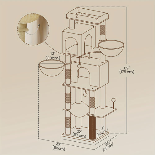 Multi-Level Katzenbaum mit 2 Höhlen, 5 Kratzpfosten, Selbstbürstung & Plüsch-Aufsitzplätzen – Robuste Katzennest für Indoor-Klettern, Kratzen und Spielen