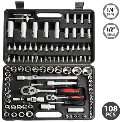 108-teiliges Handwerkzeug-Set, Industrie- und Kfz-Reparaturwerkzeug-Set, inklusive Steckschlüsseln, Präzisions-Ratschenschlüsseln und robusten, langlebigen Konstruktion