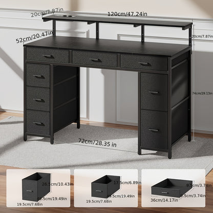 Gaming-Schreibtisch mit 8 Stoffschubladen, Monitorständer mit LED-Beleuchtung, europäische Steckdosenleiste (2 AC/2 USB), Holzplatte, verstellbare Füße für Homeoffice/Gaming-Zimmer