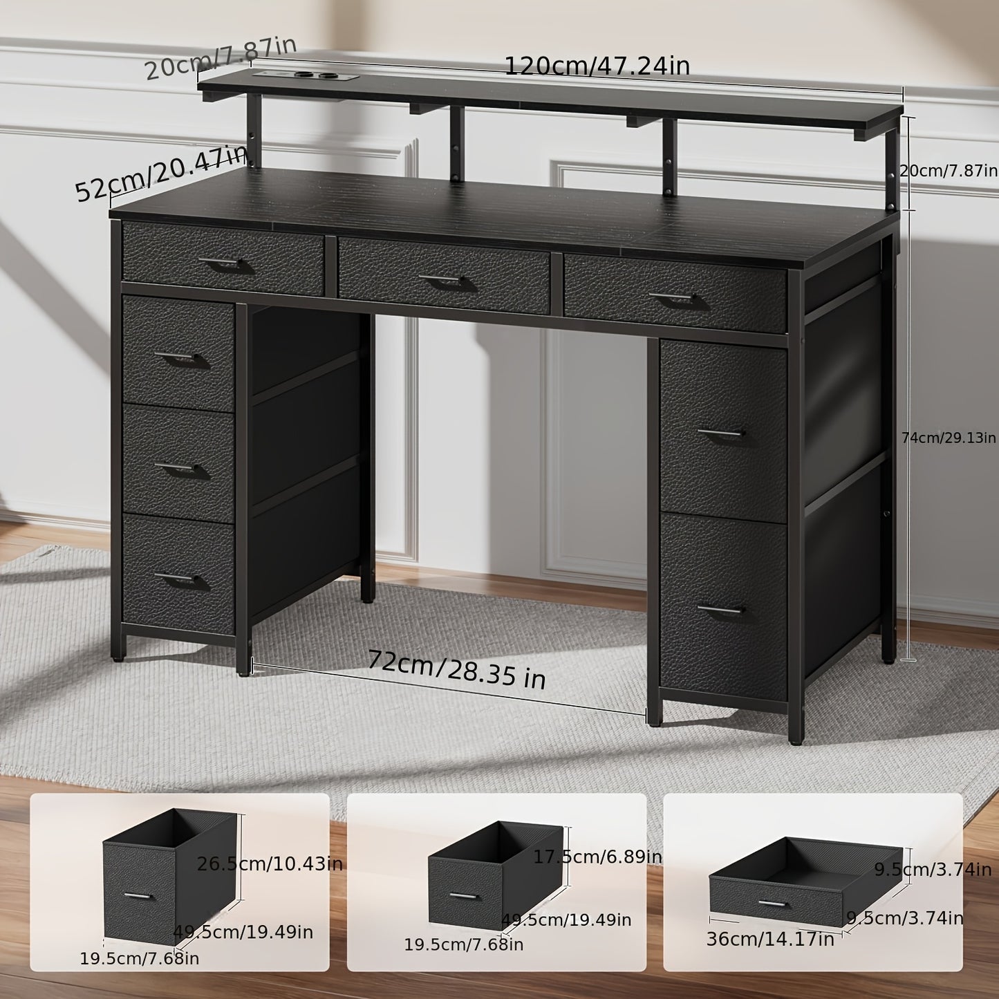 Gaming-Schreibtisch mit 8 Stoffschubladen, Monitorständer mit LED-Beleuchtung, europäische Steckdosenleiste (2 AC/2 USB), Holzplatte, verstellbare Füße für Homeoffice/Gaming-Zimmer