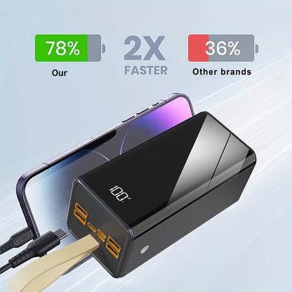 80000mAh Powerbank mit hoher Kapazität, tragbar, kompatibel mit Android/iOS Geräten (4×USB-Ausgang, Typ-C, Micro, Lightning-Anschlüsse), mit LED-Digitalanzeige, Beleuchtung, Schlüsselband