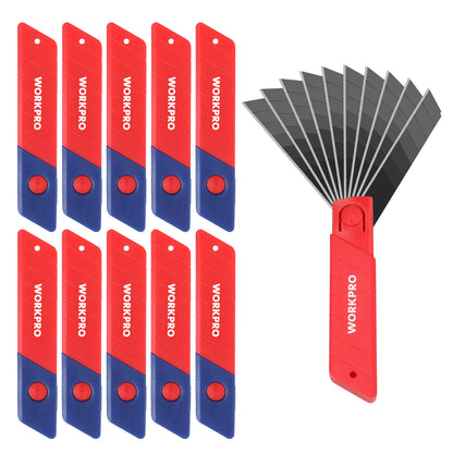 WORKPRO Cuttermesser Klingen 18mm 100 Stück für Profis, gehärtet & extrem scharf Ersatzklingen aus SK5, Abbrechklingen für Teppichmesser Cuttermesser inkl. 10 unabhängige Box