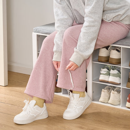 Schuhbank, Schuhregal mit Sitz, Bank mit Stauraum, Kissen, 12 Fächer, für Wohnzimmer, Flur, Schlafzimmer, Weiß-Grau