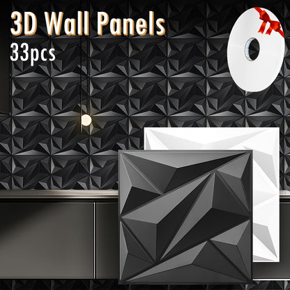 33-tlg. modernes 3D-Wandpaneel-System, eckige Paneele – schwarz-weiße abziehbare  aufklebbare Schindeln mit Klebeband, PVC-Kunststoffplatten für DIY-Akzentwände, Wohnzimmer, Schlafzimmer, Büro (Montage) 30x30cm (11,8''x11,8'') Abdeckung