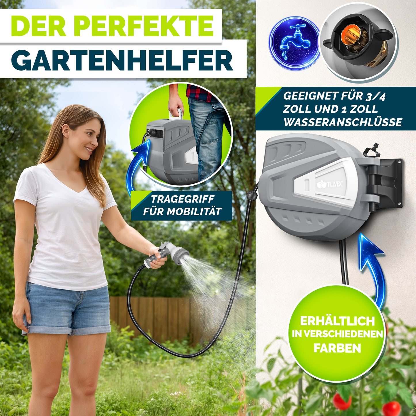 tillvex® Schlauchtrommel Wasser 20+2m mit Wandhalterung + Tragegriff | Schlauchaufroller mit Handbrause und Gartenschlauch | Wasserschlauchtrommel Automatisch 180° Schwenkbar | Wand-Schlauchbox mit Aufroll-Automatik