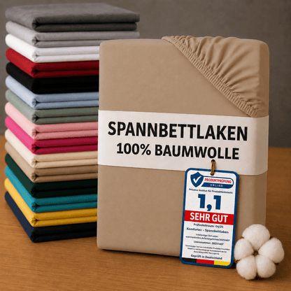 Spannbettlaken aus 100% Baumwolle mit Rundumgummi, Passend für Matratzen, Topper und Boxspringbetten