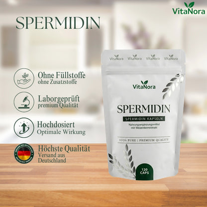 Spermidin Kapseln hochdosiert – 120 vegane Kapseln mit 6 mg Spermidin pro Kapsel aus Weizenkeimen – Weizenkeimextrakt ohne Zusatzstoffe